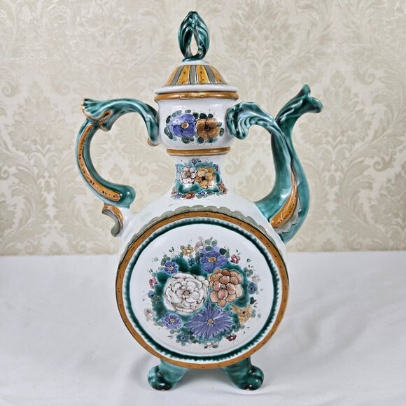 Vintage Hand Painted Footed Ceramic Water Pitcher Green White Floral Signed 1994 - Picture 9 of 16